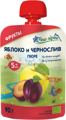 Детское фруктовое пюре пауч Fleur Alpine ORGANIC Яблоко и чернослив, без сахара, с 5-ти мес, 90 гр 1284001 Mams family