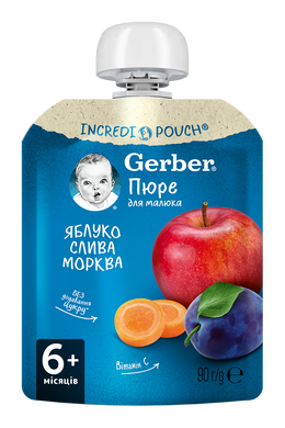 пюре Gerber яблуко,слива,морква від 6 місяців, 90г пауч 1227027 Mams family