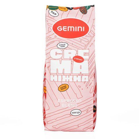 Кава в зернах Gemini Crema Ніжна, 1 кг, 1000 гр, Ніжна, В зернах, Арабіка, з кофеїном, Середній, Еспресо, Ніжна