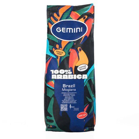 Кава в зернах Gemini Brazil Mogiana, 1 кг, 1000 гр, Бразилія, В зернах, Арабіка, з кофеїном, Medium roast, Еспресо, Ніжна