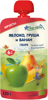 Дитяче фруктове пюре пауч Fleur Alpine ORGANIC Яблуко, груша і банан, без цукру, з 6-ти міс, 120 гр 1284007 Mams family