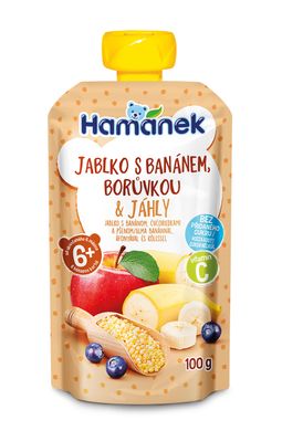 Дитяче пюре Hamanek (пауч) з яблук, бананів, чорниць і пшоном", від 6-ти міс, без цукру, 100 гр 1215916 Mams family