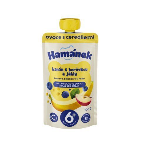 Детское пюре Hamanek (пауч) яблоко, банан, черника и пшено , с 6-ти мес, без сахара,100 гр 1215916 Mams family