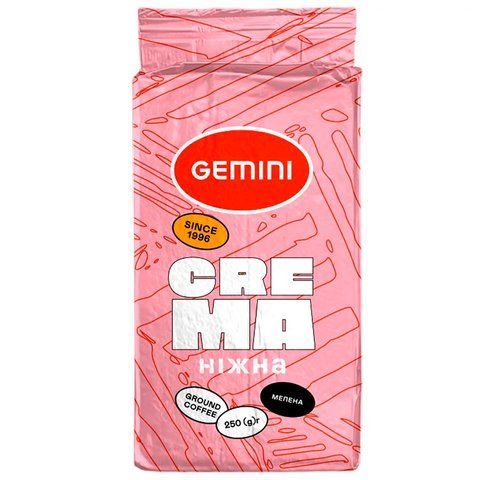 Кава мелена Gemini Crema Ніжна, 250 г, 250 гр, Ніжна, Мелена, Арабіка, з кофеїном, Середній, Універсальний, Ніжна