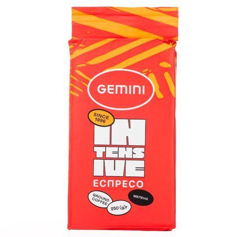 Кава мелена Gemini Espresso, 250 г, 250 гр, Espresso, Мелена, Купаж арабіка та робуста, з кофеїном, Середній, Універсальний, Міцна