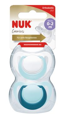 Пустышка ортодонтическая NUK силиконовая Genius, размер 0, 2 шт в упаковке, сине-белая 3952953 Mams family