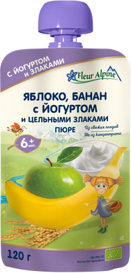 Детское фруктовое пюре Fleur Alpine ORGANIC Яблоко - Банан с Йогуртом, без сахара, с 6-ти мес, 120 гр 1284018 Mams family