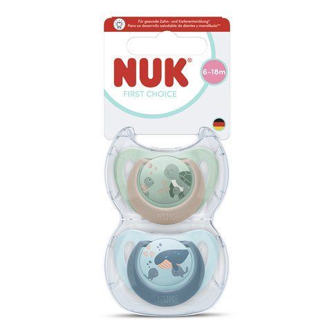 Пустышка силиконовая NUK First Choice, размер 2 (от 6 до 18 месяцев), черепаха/кит, 2 шт 3954183 Mams family