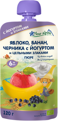Детское фруктовое пюре Fleur Alpine ORGANIC Яблоко - Банан - Черника с Йогуртом, без сахара, с 6-ти мес, 120 гр 1284022 Mams family