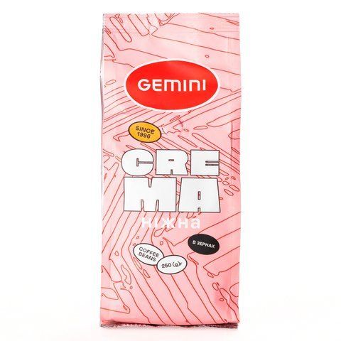 Кава в зернах Gemini Crema Ніжна, 250 г, 250 гр, Ніжна, В зернах, Арабіка, з кофеїном, Medium roast, Еспресо, Ніжна