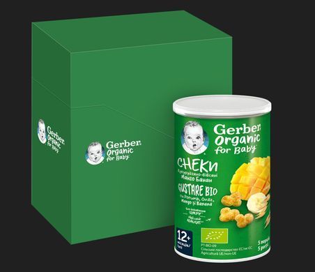 Дитячі органічні снеки GERBER&reg; кукурудзяно-вівсяні снеки з манго та бананом, з 12 місяців, 35 гр 1627008 Mams family