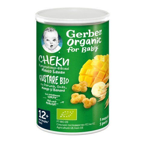 Дитячі органічні снеки GERBER&reg; кукурудзяно-вівсяні снеки з манго та бананом, з 12 місяців, 35 гр 1627008 Mams family