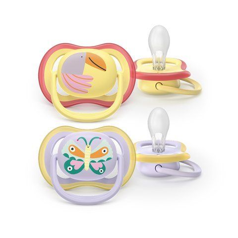 Пустышка силиконовая Philips AVENT Pacifier Ultra Air SCF087/04, желтый и фиолетовый, 0-6 месяцев, 2 шт. 3936457 Mams family