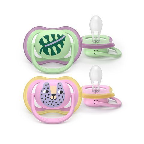 Пустышка силиконовая Philips AVENT Pacifier Ultra Air SCF087/13, зеленая и розовая, 6-18 месяцев, 2 шт. 3936459 Mams family