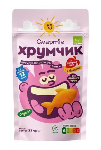 Детские снеки Смартик Хрумчик Органические кукурузно-рисовые снеки с бананом и клубникой, с 12 месяцев, 22 гр 1608003 Mams family