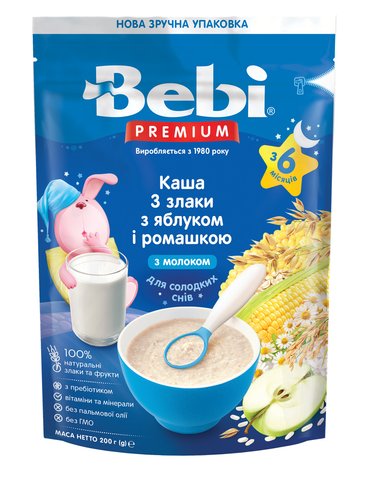 Дитяча каша молочна BEBI PREMIUM 3 злаки з яблуком і ромашкою. Для солодких снів, без пальмової олії, від 6 міс, 200 гр 1105086 Mams family