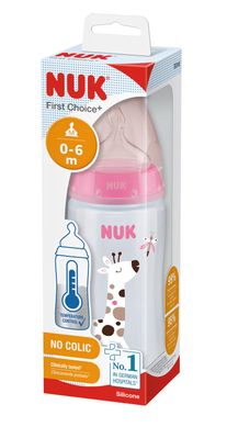 Бутылочка с индикатором температури пластиковая NUK First Choice Plus, 300 мл, с силиконовой соской, размер 1, отверстие М, жираф, розовый 3952395 Mams family