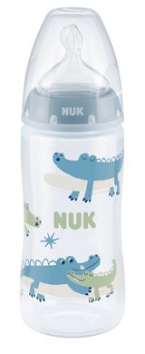 Пляшечка з індикатором температури пластикова NUK First Choice Plus, 300 мл, з силіконовою соскою , розмір 1, отвір М, крокодил 3952397 Mams family