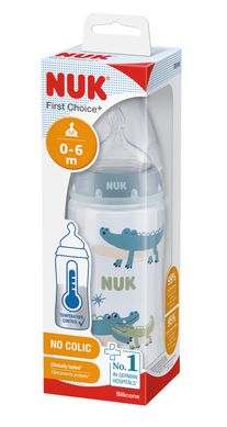 Бутылочка с индикатором температури пластиковая NUK First Choice Plus, 300 мл, с силиконовой соской, размер 1, отверстие М, крокодил 3952397 Mams family
