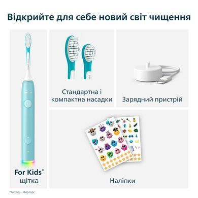 Дитяча електрична звукова зубна щітка Philips Sonicare For Kids Smart HX6600/13, бірюзова, 2 режими, 2 насадки, 2 комплекти наклейок, 0.5 Вт 3930695 Mams family