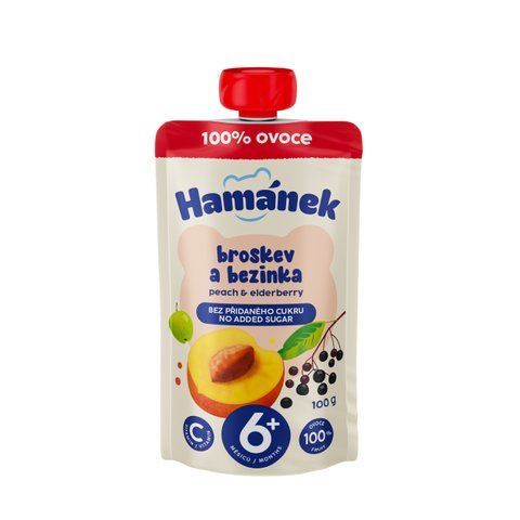Дитяче пюре Hamanek Яблуко з персиком і бузиною (пауч), без цукру, з 6-ти міс, 100 гр 1215909 Mams family